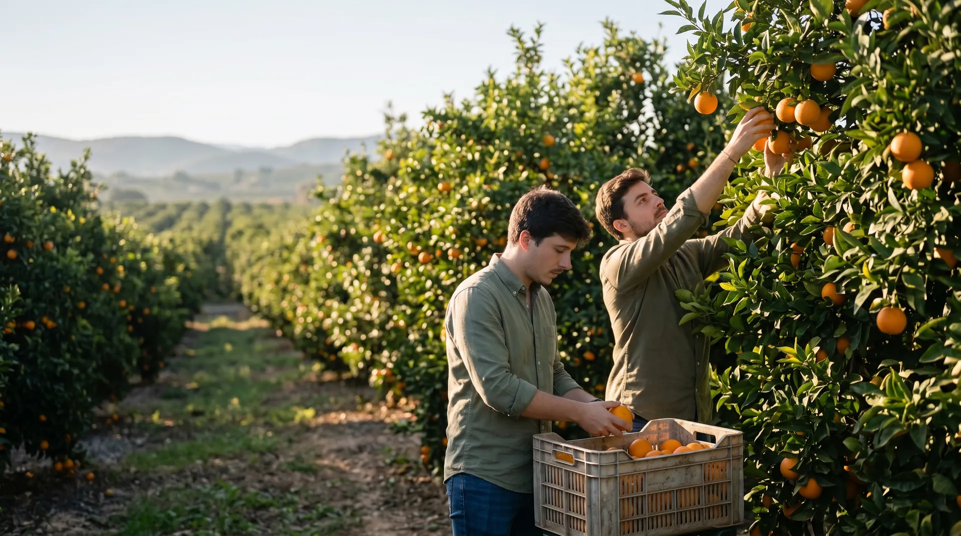 Exquisite Fruits team harvesting oranges at a citrus grove in Valencia, Spain