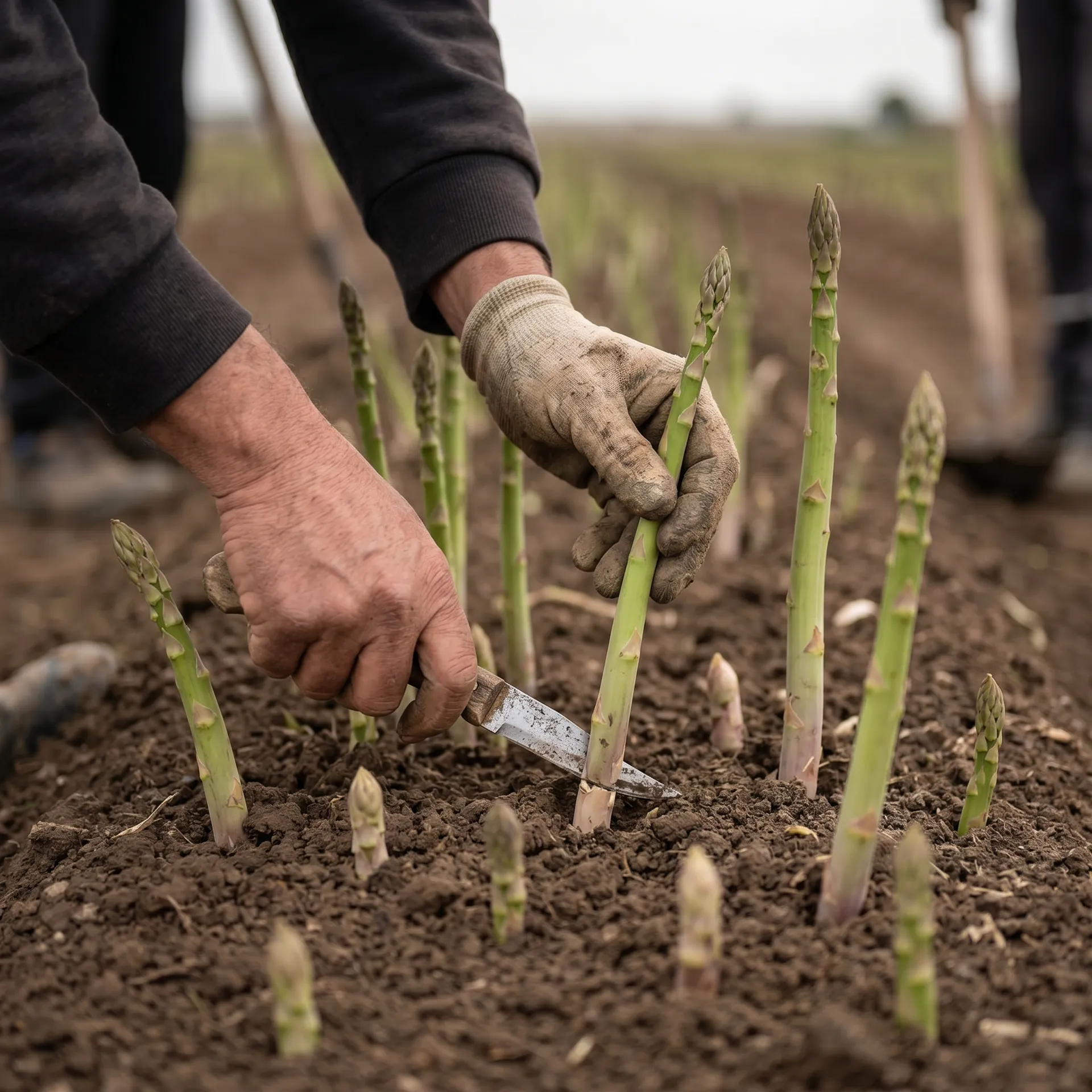Farmer hand-cutting fresh vegetables in the field